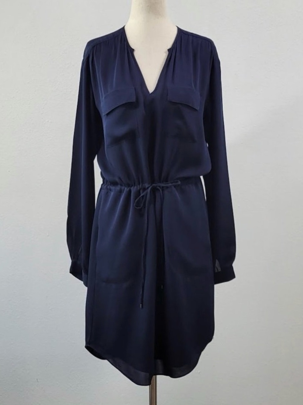 Rebecca Taylor Navy Long-Sleeve Drawstring Shirt Dress